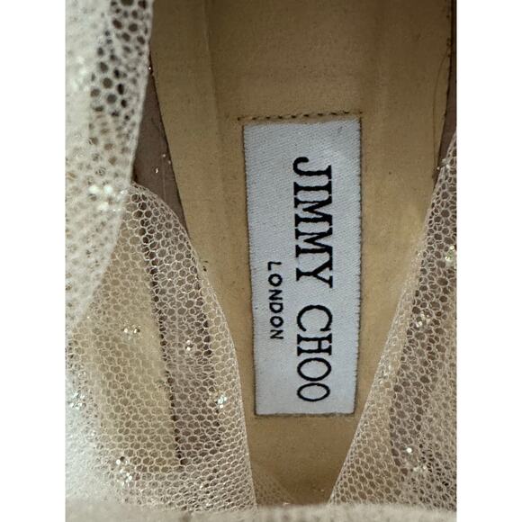 Jimmy Choo Lavish 100 Ruched Glitter Mesh Tulle Bow Heels Ballet Pink Size 39.5 - Picture 10 of 11